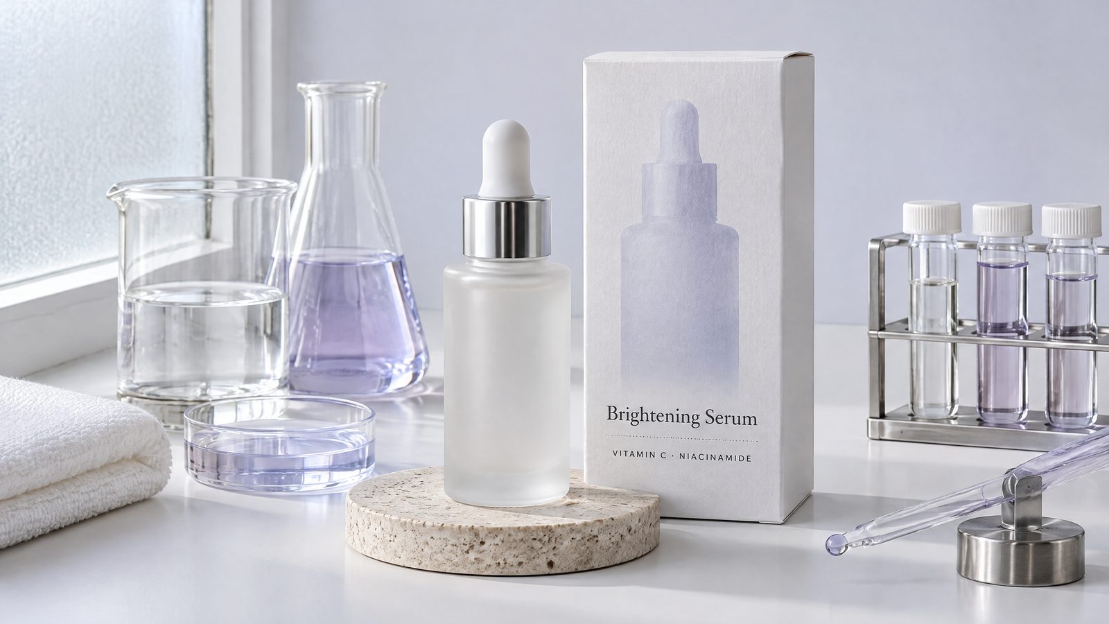 A lab bench with beakers and a finished serum bottle