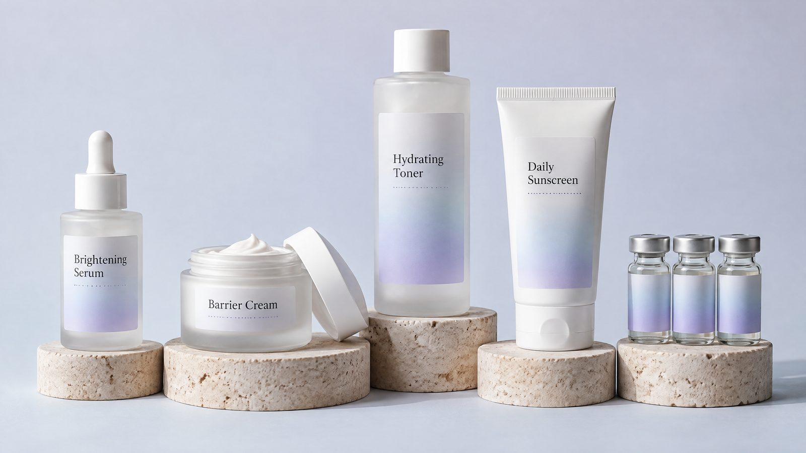 A range of white and frosted skincare products on travertine stands
