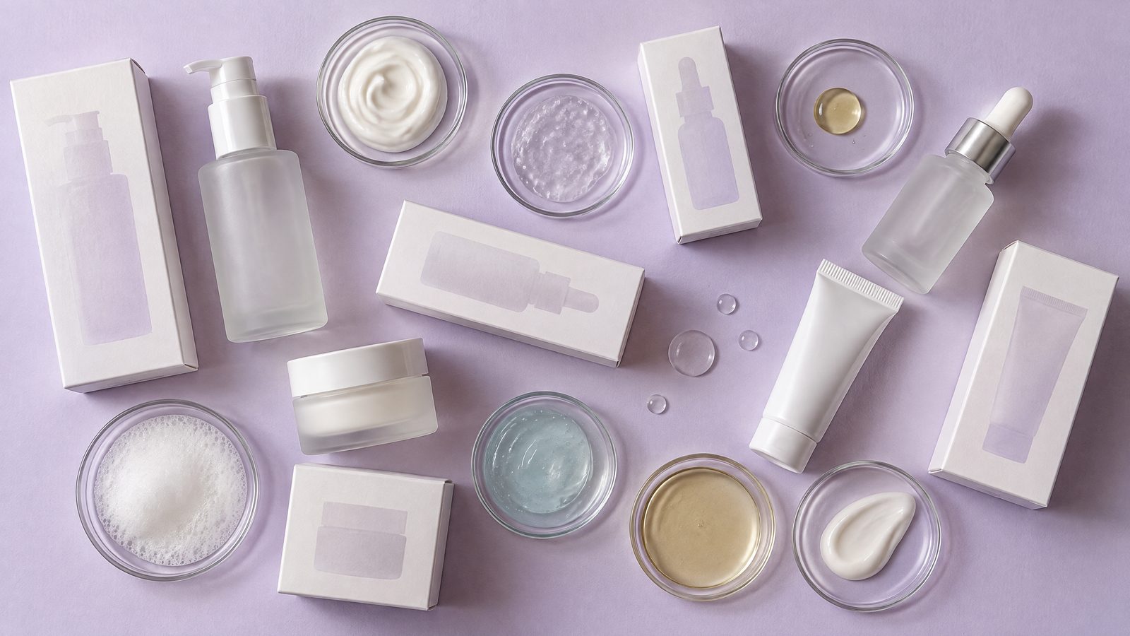 Skincare textures in glass dishes seen from above