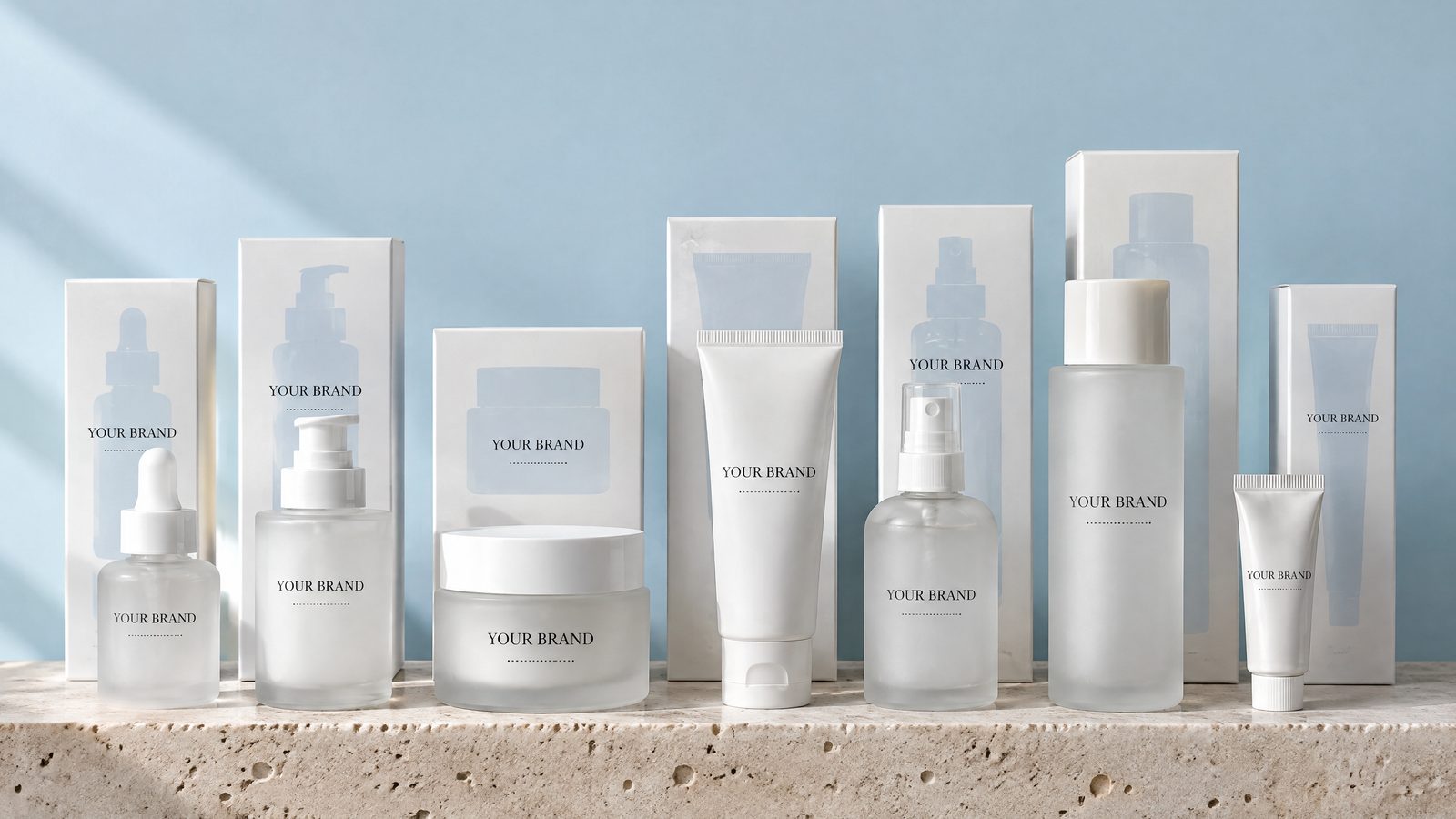 A row of skincare bottles and cartons labeled YOUR BRAND