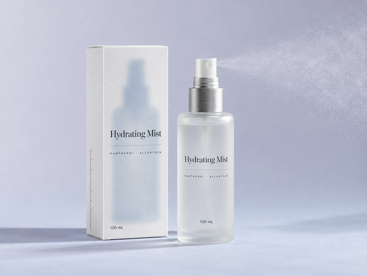 Hydrating mist spray bottle next to its carton