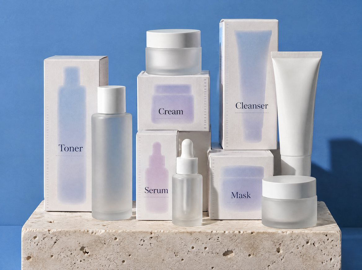 Boxes and bottles for a toner, serum, cream, cleanser and mask on a stone block