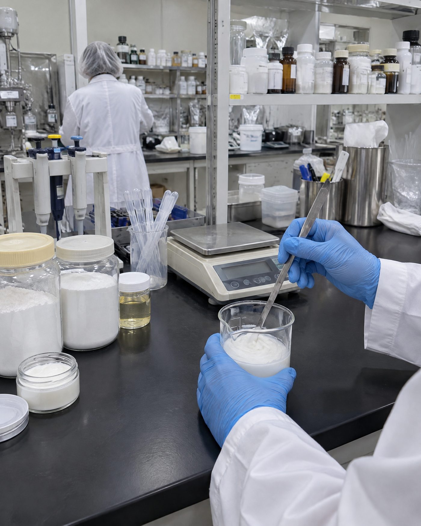 Mixing a cream sample at the formulation bench