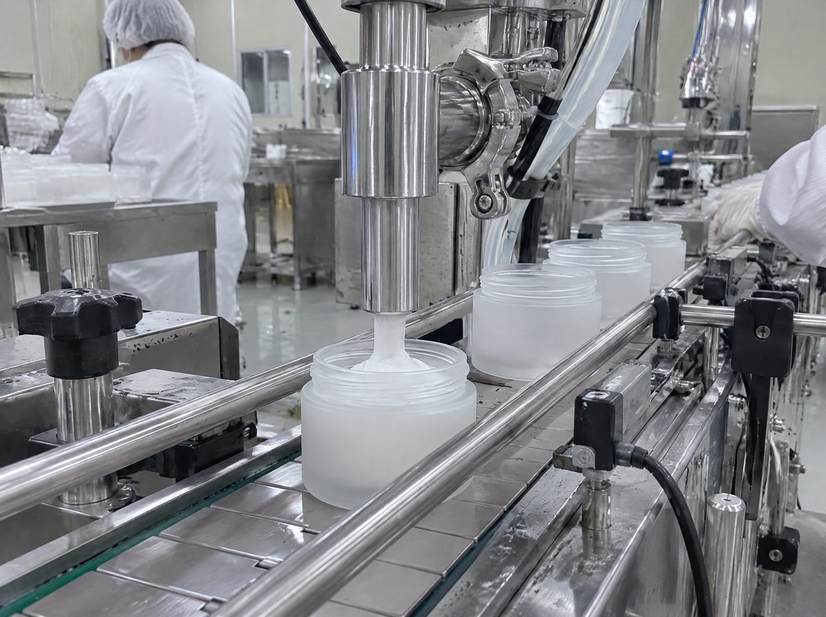 Cream being filled into glass jars