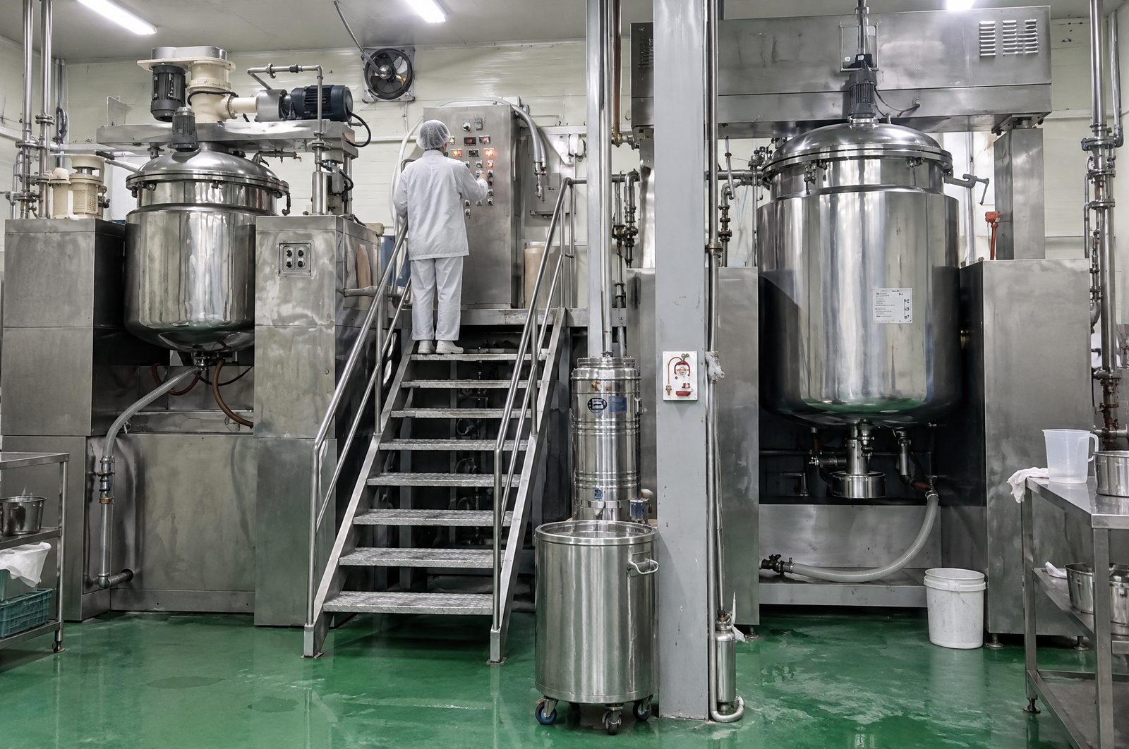 Stainless steel mixing tanks in the production room