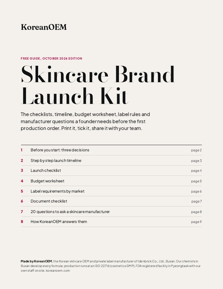 Cover of the Skincare Brand Launch Kit by KoreanOEM, with its table of contents
