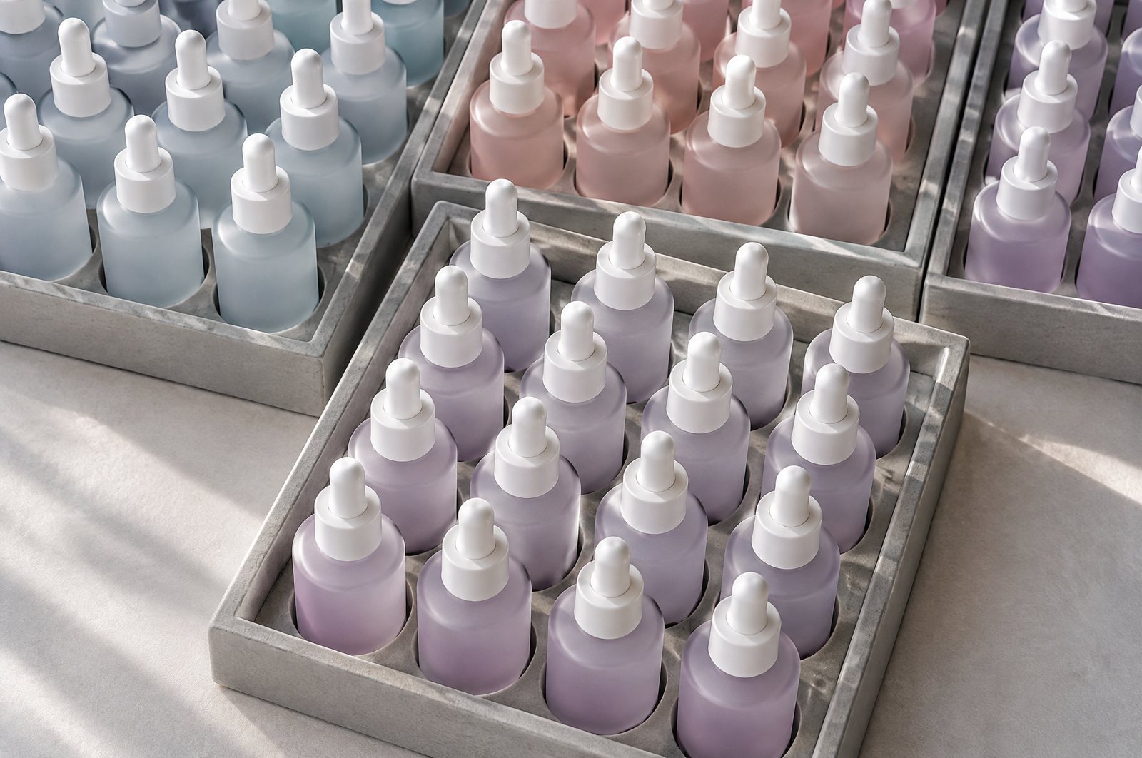 Serum bottles in production trays