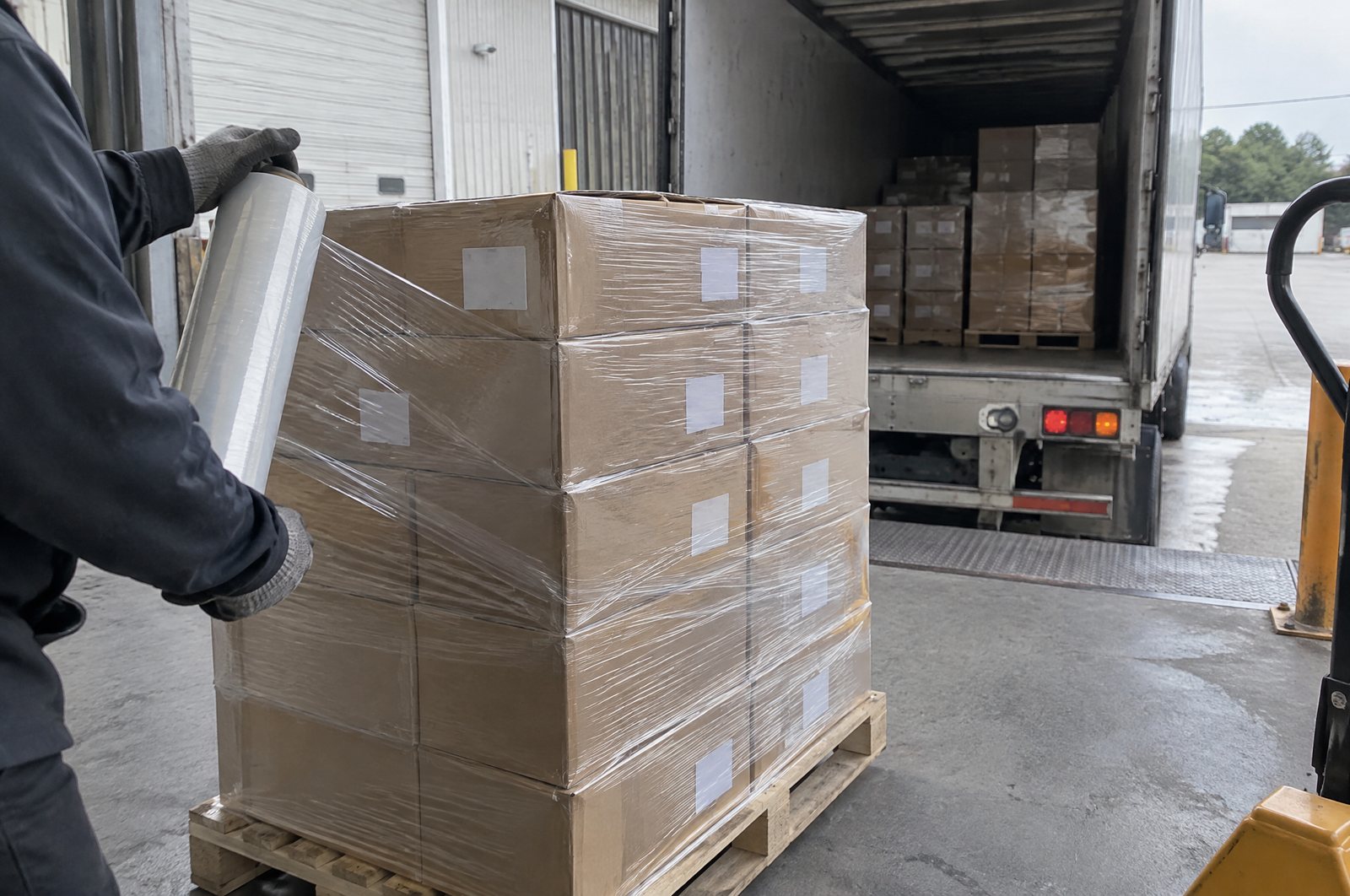 Export cartons being wrapped at the loading dock