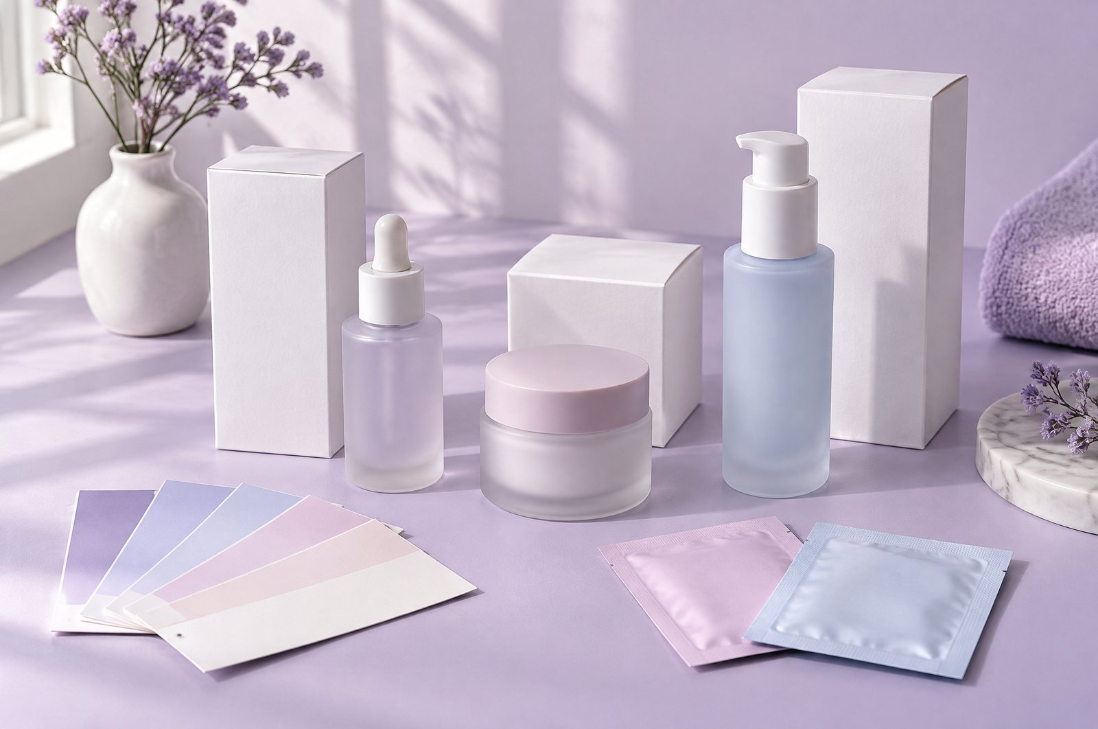 A brand mood board with samples and carton prototypes