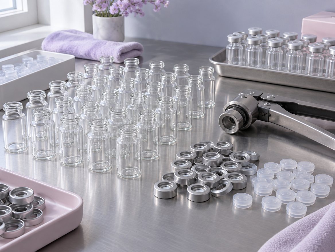 Empty crimp vials and caps on the packaging bench