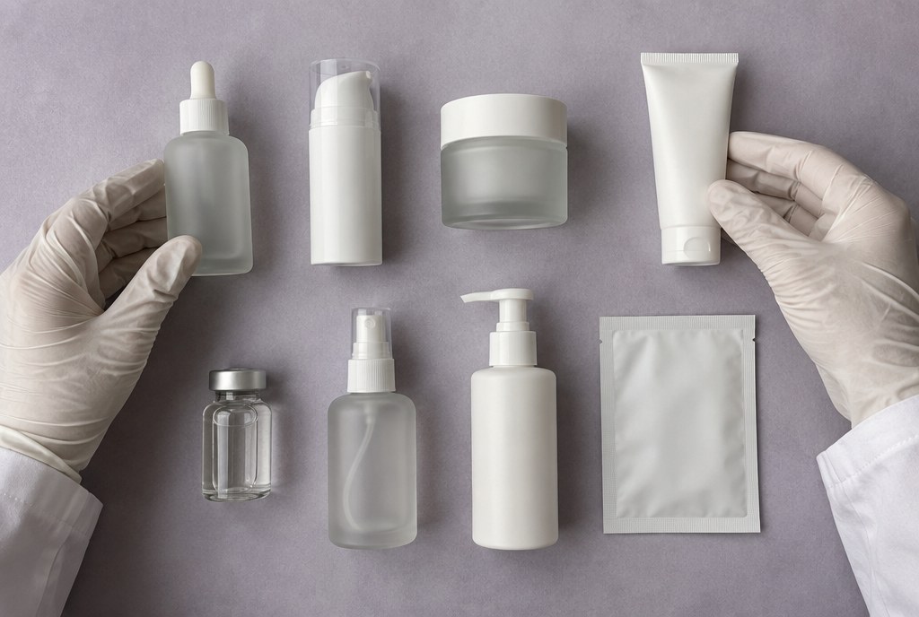Unbranded skincare containers laid out on a table