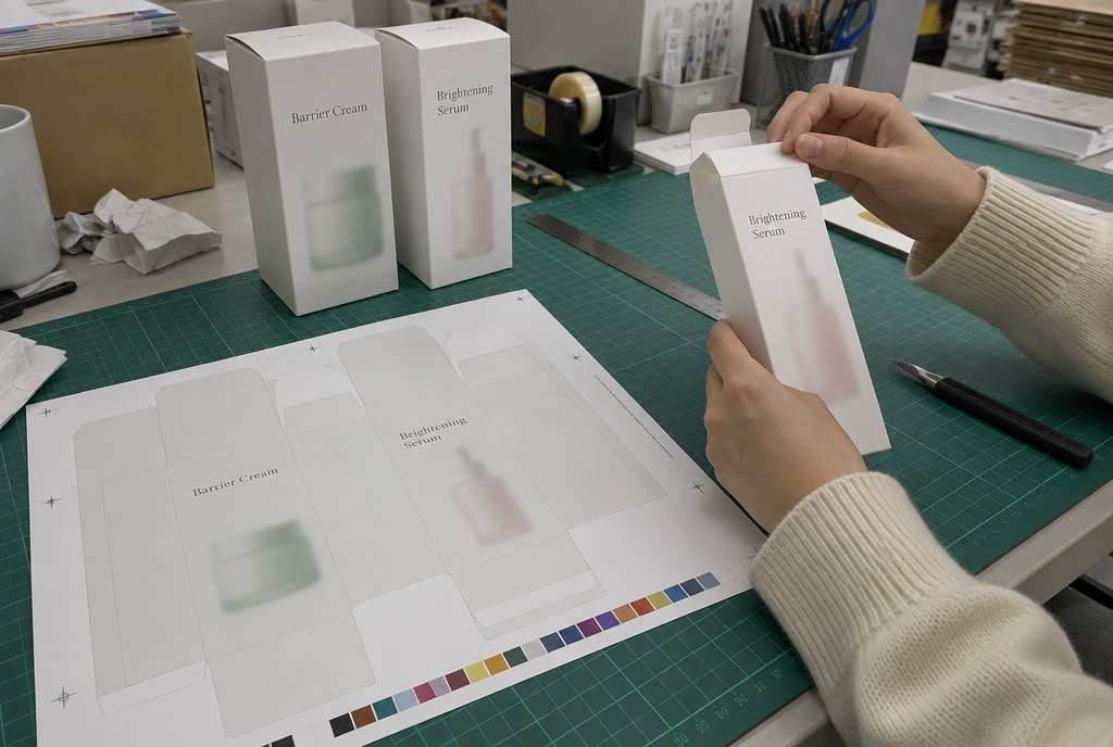 Carton proofs and a dieline on the packaging desk