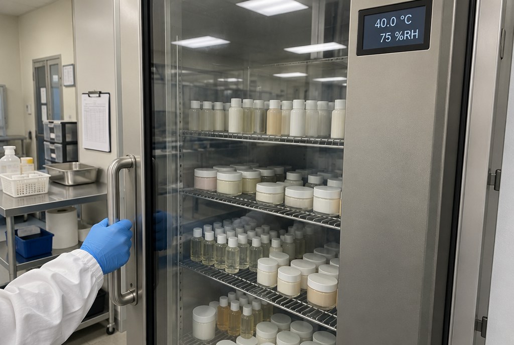 Stability chamber with product samples under test